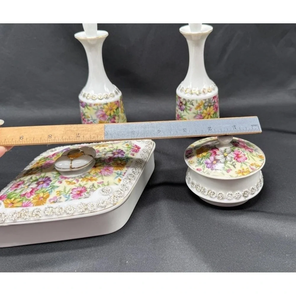 Vintage Tilso Japan Floral Gold Porcelain Dresser Vanity 4 Piece Set Bath Decor